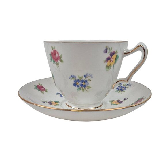 Crown Staffordshire Tea Cup Saucer Fine China Floral Pattern Gold Trim England - Picture 10 of 10